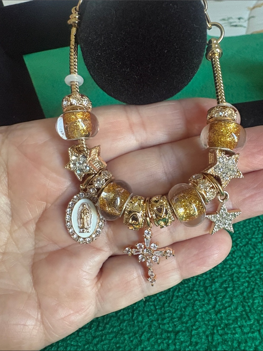 Gold Glitter Charm Bracelet with Cross and Star Accents